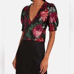 Saylor Stacy Floral Sequin Puff Sleeve Crop Top in Size Small